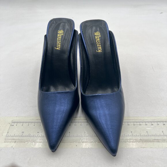 Wansseny Dark Blue Pointed Toe Wedge High Heel Mules Slip On Ladies Dressy Shoe - Picture 3 of 8